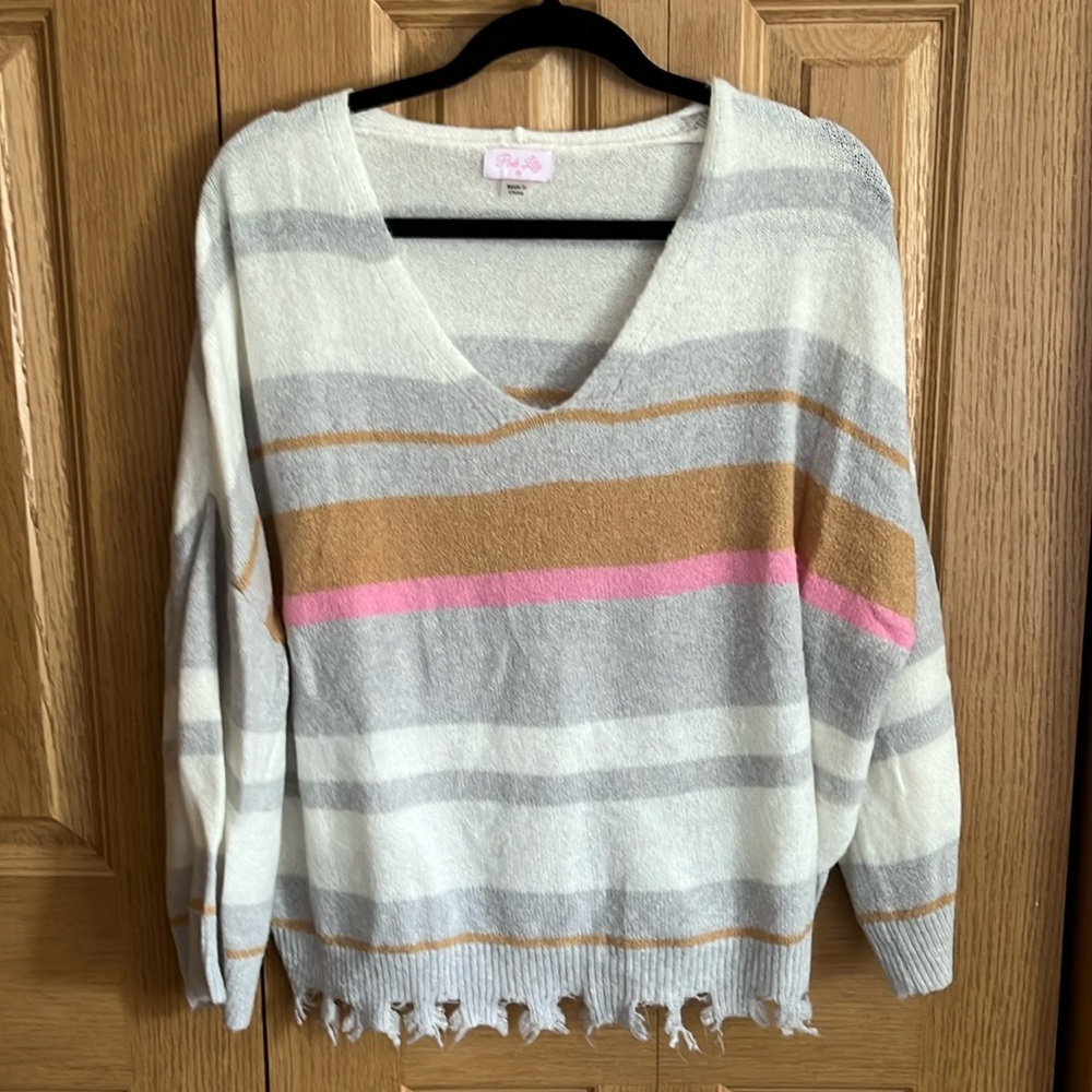 Pink Lily Striped Raw Hem Sweater